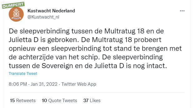 Julietta D drijft stuurloos richting NL kust