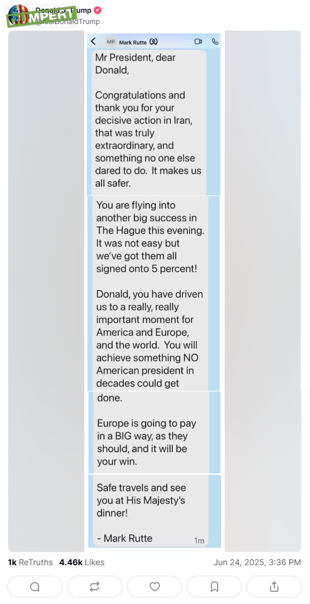Trump gooit sms'jes Rutte online op truth