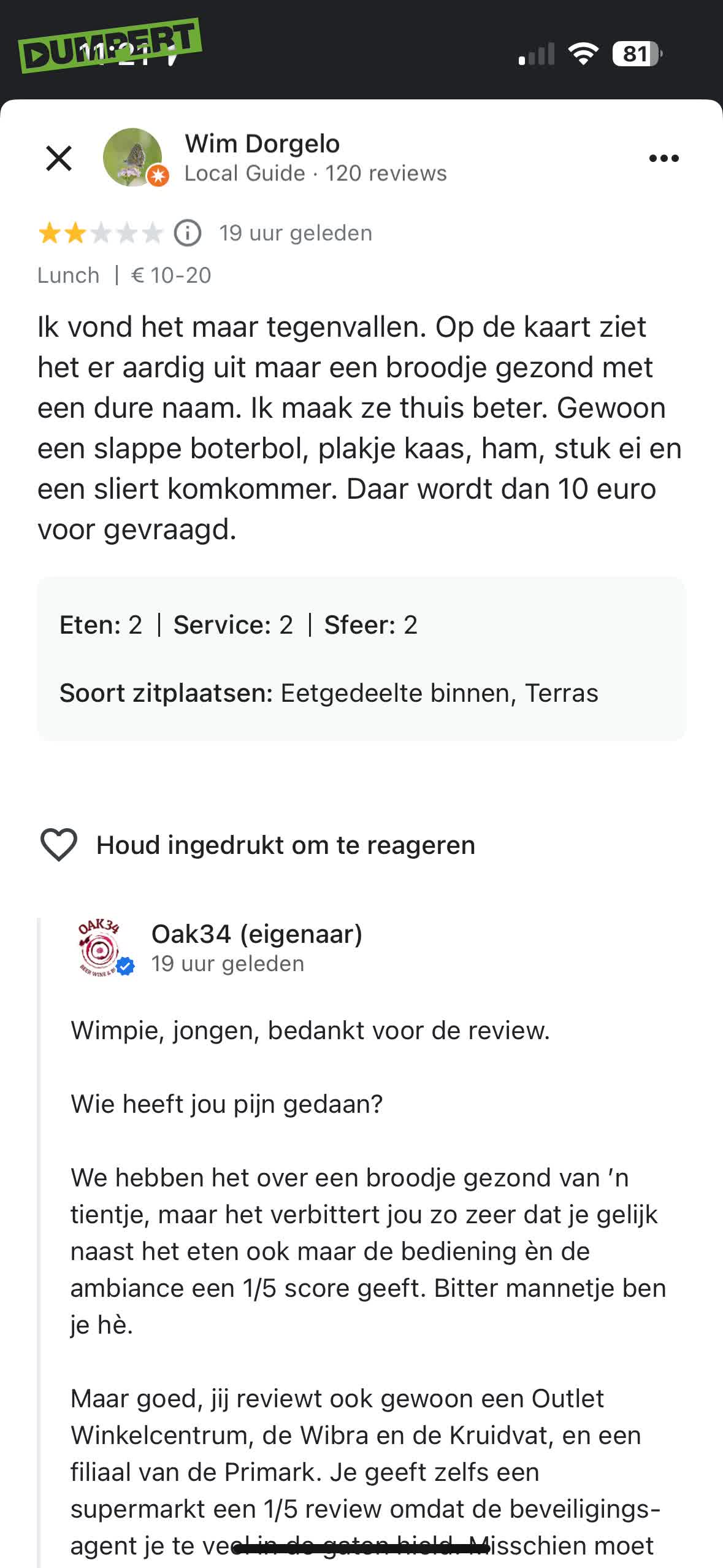 Reactie na een bezoek restaurant