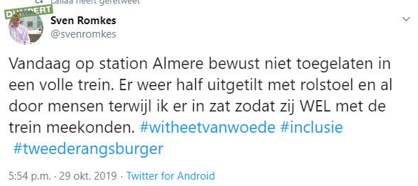 Rolstoeler door medereizigers trein uitgeflikkerd