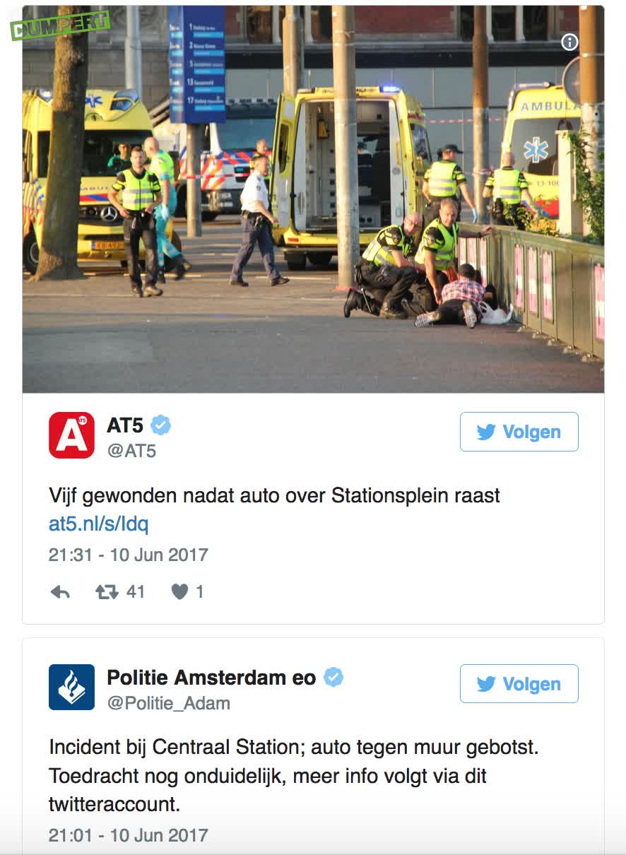 Auto ramt muur en mensen bij Amsterdam CS