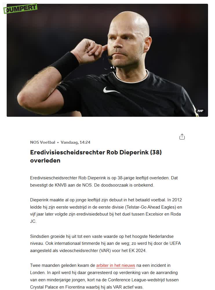 Eredivisiescheidsrechter Rob Dieperink overleden