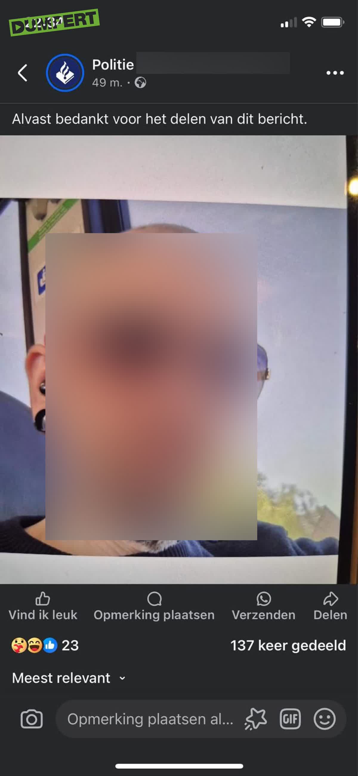 De politie vraagt uw aandacht voor het volgende