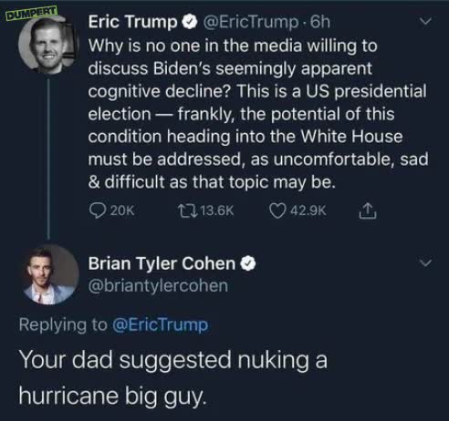 Zoon van Trump wil het ff over Biden hebben