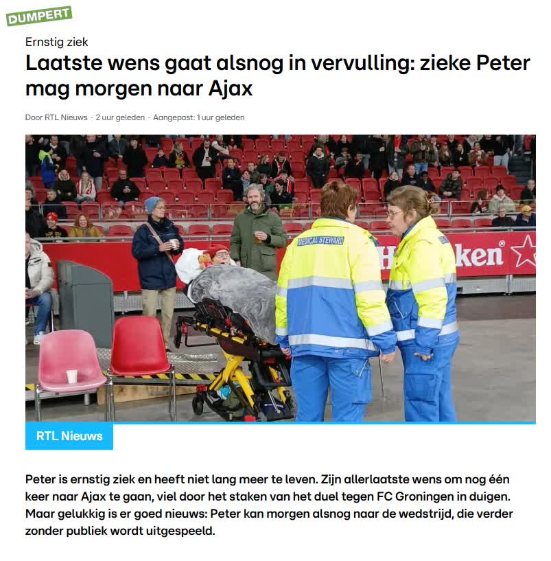 Laatste wens Ajacied Peter gaat alsnog in vervulling