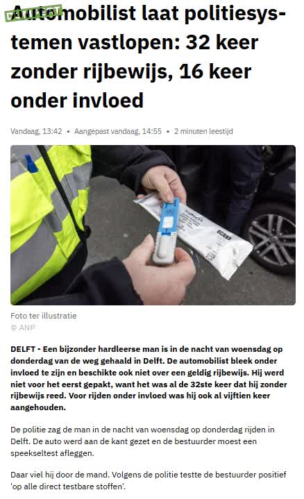 32 Keer gepakt zonder rijbewijs