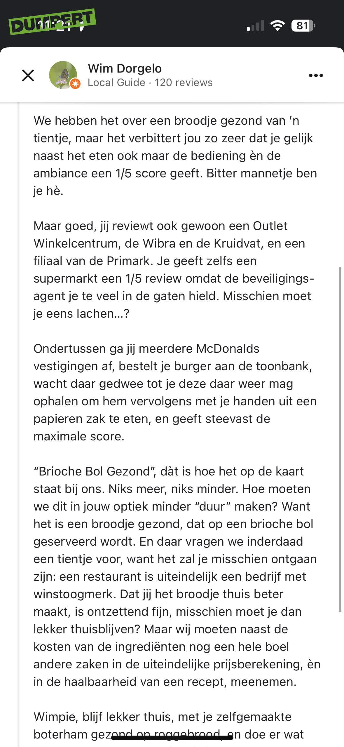 Reactie na een bezoek restaurant
