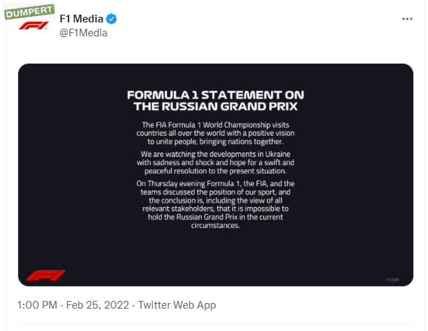 F1 zet streep door GP Rusland