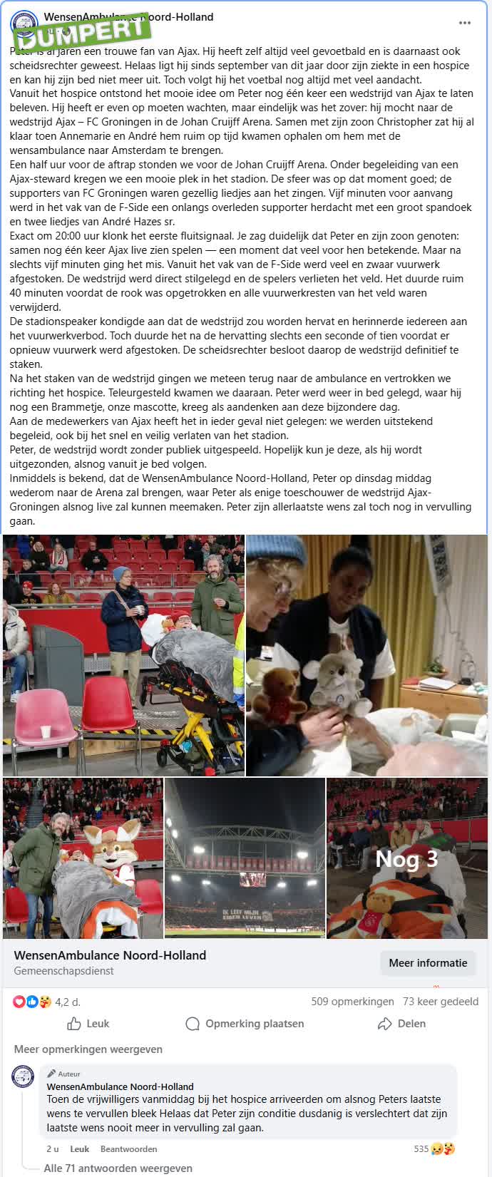 Update: Laatste wens Ajacied toch niet meer in vervulling