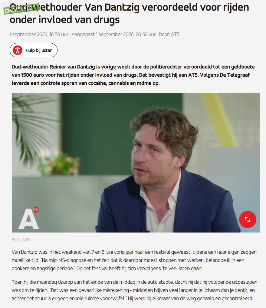 Oud-wethouder reed onder invloed van drugs 