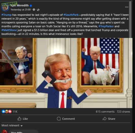 Witte Huis reageert op South Park-aflevering met Satanneukende micropenis Epsteinlover Trump