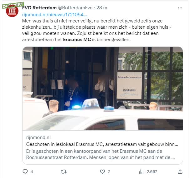 FvD Rotterdam verwijdert stiekem tweet nu Erasmusschutter FvDer blijkt