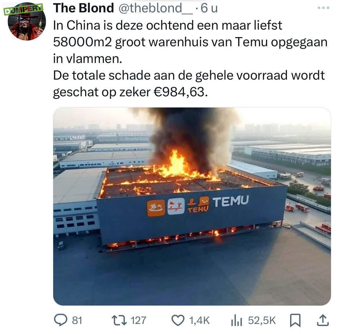 Temu magazijn in rook opgegaan