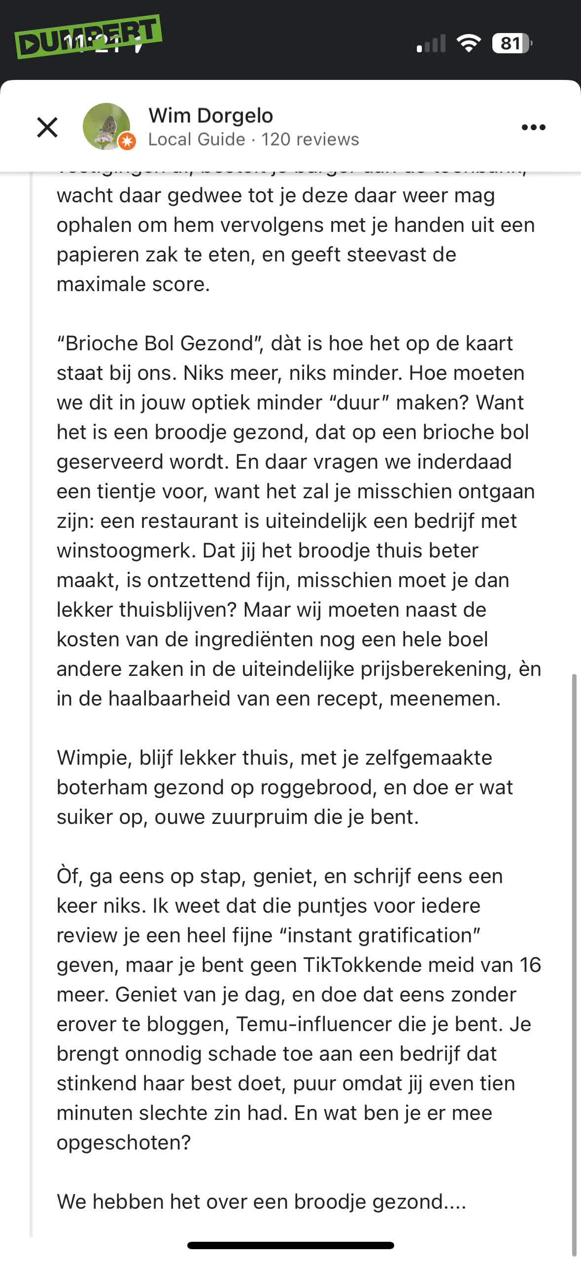 Reactie na een bezoek restaurant