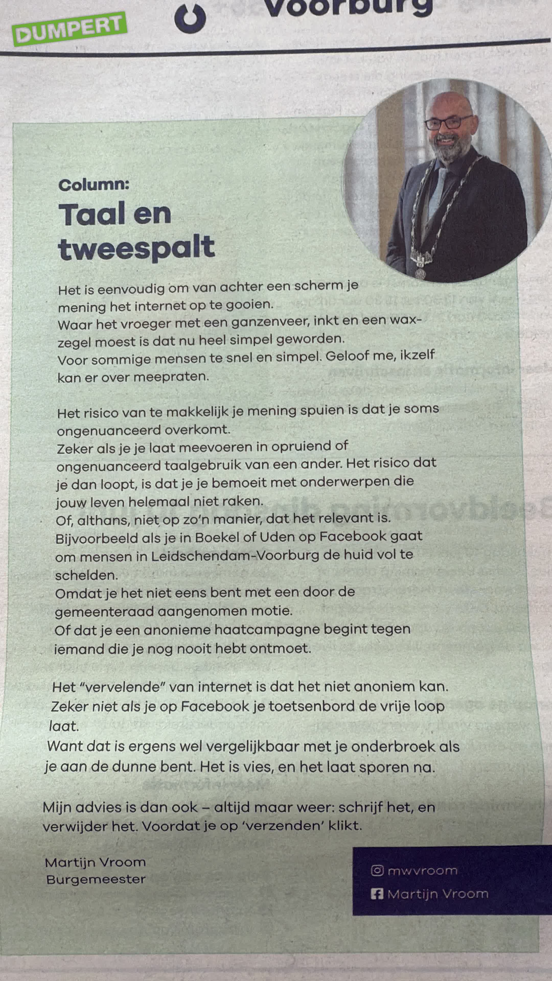 Burgemeester schrijft chique stukje