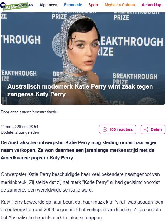 Katie Perry wint rechtszaak tegen Katy Perry