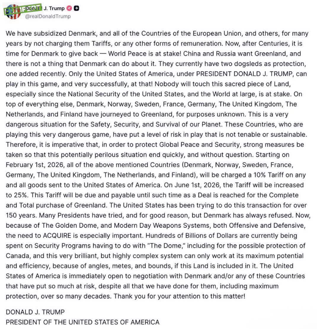 Trump legt Nederland en andere landen 10 procent importheffing op vanwege Groenland