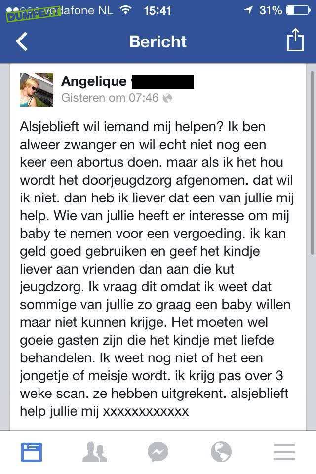 Moeder van het jaar zet kind te koop
