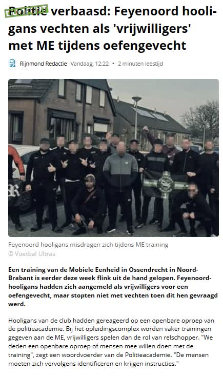 Feyenoordhooligans geven zich op als vrijwilligers oefengevecht ME