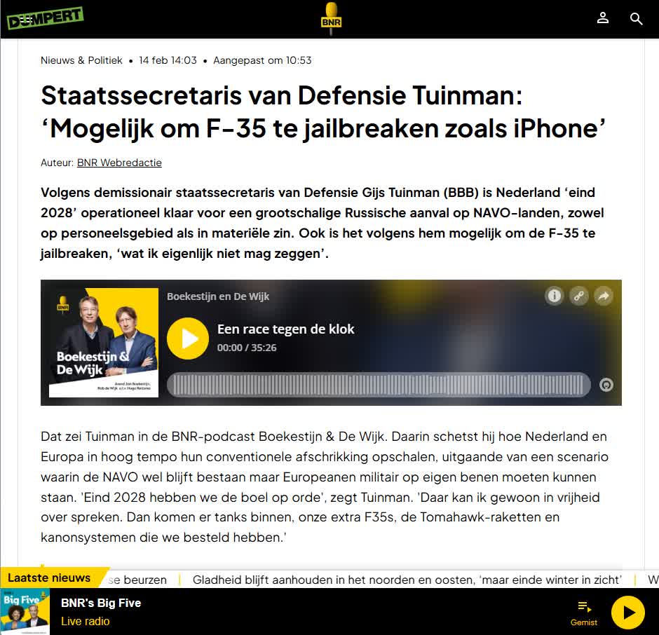 'F-35's zijn te jailbreaken net als een iPhone', maar dat mag ik niet zeggen!