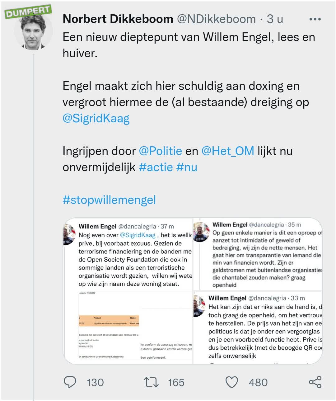 Willem Engel verspreidt adres Sigrid Kaag