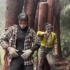Meisjes tillen boomstammen
