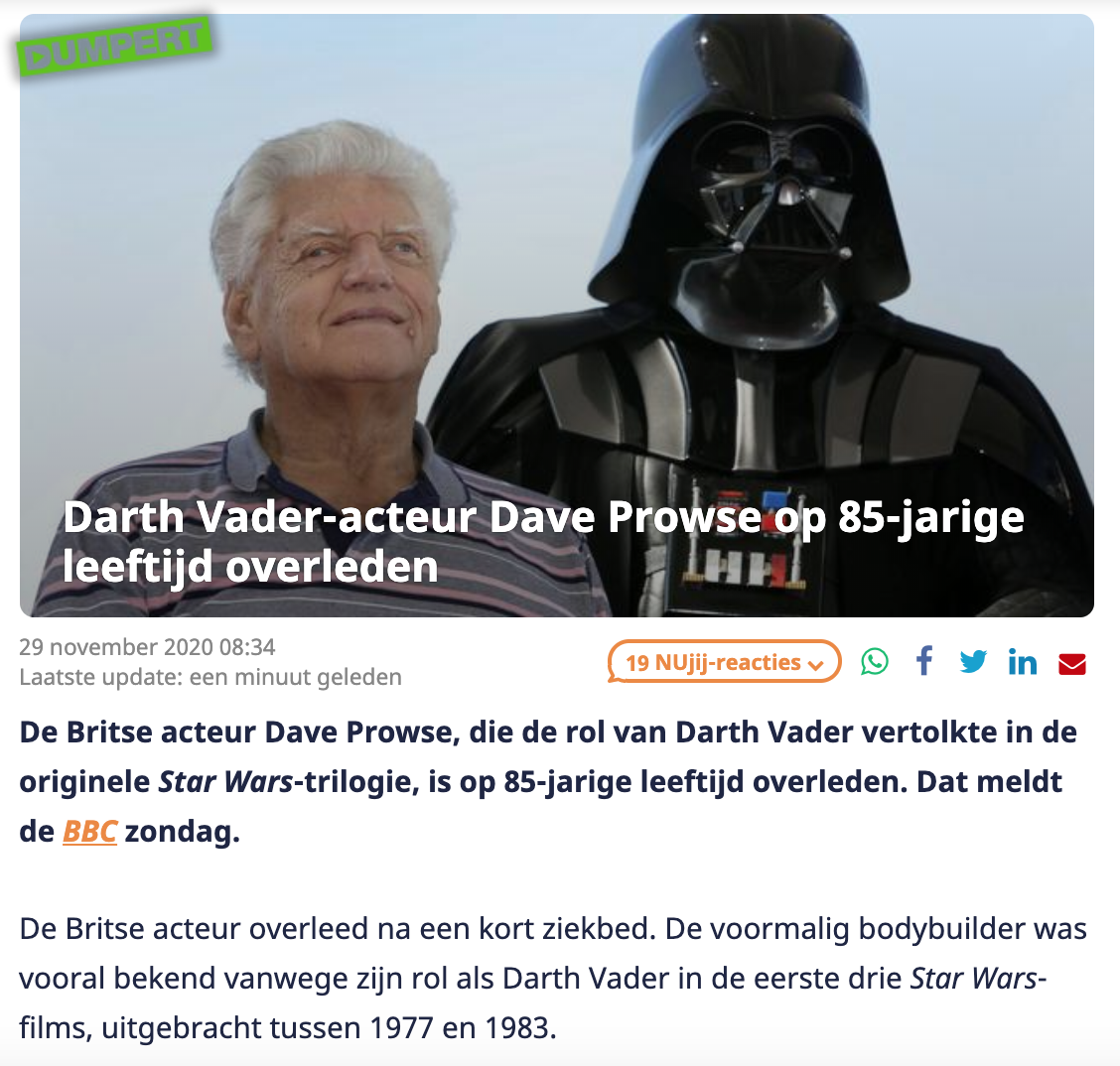 RIP Darth Vader-acteur Dave Prowse
